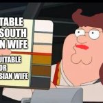 Who knows they know... | SUITABLE FOR SOUTH ASIAN WIFE; NOT SUITABLE FOR SOUTH ASIAN WIFE | image tagged in peter griffin skin color chart race terrorist blank,south asian,light skin,indian bride,wife,memes | made w/ Imgflip meme maker