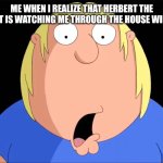 Shocked Chris Griffin | ME WHEN I REALIZE THAT HERBERT THE PERVERT IS WATCHING ME THROUGH THE HOUSE WINDOWS: | image tagged in shocked chris griffin | made w/ Imgflip meme maker