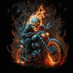 Burning skeleton riding motorcycle