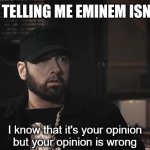 Random | ANYONE TELLING ME EMINEM ISN'T GOOD | image tagged in i know that it's your opinion but your opinion is wrong,eminem funny | made w/ Imgflip meme maker