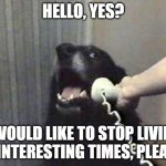 Dog Phone | HELLO, YES? I WOULD LIKE TO STOP LIVING IN INTERESTING TIMES, PLEASE. | image tagged in dog phone | made w/ Imgflip meme maker