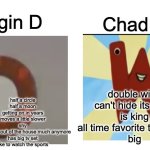 if you know you know | Virgin D; Chad W; double wide
can't hide its pride
is king
all time favorite thing is W
big; half a circle
half a moon
getting on in years
moves a little slower
shy
doesn't get out of the house much anymore
has big tv set
like to watch the sports | image tagged in virgin vs chad | made w/ Imgflip meme maker