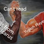Reading is really hard. | Can't read; Yugioh Player; Pit from Kid Icarus | image tagged in memes,epic handshake,funny,yugioh,read,kid icarus | made w/ Imgflip meme maker