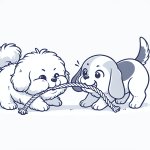 Two cute dogs playing tug of war