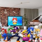 Wario and Friends die by a cursed breaking news flash while watching Yo-Kai watch in their living room | image tagged in also a living room,wario dies,crossover | made w/ Imgflip meme maker