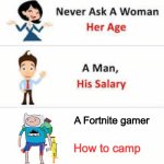 Never ask a woman her age | A Fortnite gamer; How to camp | image tagged in never ask a woman her age | made w/ Imgflip meme maker