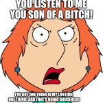 Lois Griffin Angry | YOU LISTEN TO ME YOU SON OF A BITCH! I'VE GOT ONE THING IN MY LIFETIME, ONE THING! AND THAT'S DOING GROCERIES! | image tagged in lois griffin angry | made w/ Imgflip meme maker