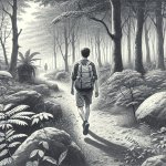 teenager walking peacefully in the woods from behind