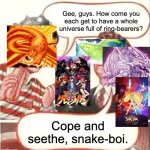 Two Wieners | Gee, guys. How come you each get to have a whole universe full of ring-bearers? Cope and seethe, snake-boi. | image tagged in two wieners,green lantern,she-ra,anime | made w/ Imgflip meme maker