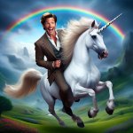 Hugh Grant riding a unicorn