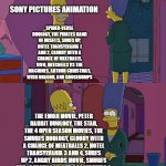 In case your wondering, 12 (in my opinion) good movies vs 16 (in my opinion) bad movies... I put too much work on this | SONY PICTURES ANIMATION; SPIDER-VERSE DUOLOGY, THE PIRATES BAND OF MISFITS, SURFS UP, HOTEL TRANSYLVANIA 1 AND 2, CLOUDY WITH A CHANCE OF MEATBALLS, VIVO, MITCHELLS VS THE MACHINES, ARTHUR CHRISTMAS, WISH DRAGON, AND GOOSEBUMPS; THE EMOJI MOVIE, PETER RABBIT DUOLOGY, THE STAR, THE 4 OPEN SEASON MOVIES, THE SMURFS DUOLOGY, CLOUDY WITH A CHANCE OF MEATBALLS 2, HOTEL TRANSYLVANIA 3 AND 4, SURFS UP 2, ANGRY BIRDS MOVIE, SMURFS THE LOST VILLAGE, AND GOOSEBUMPS 2 | image tagged in homer simpson's back fat | made w/ Imgflip meme maker