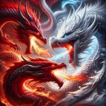Red dragon fighting a white dragon