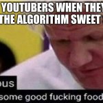 a | YOUTUBERS WHEN THEY HIT THE ALGORITHM SWEET SPOT | image tagged in gordon ramsay some good food | made w/ Imgflip meme maker