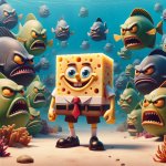 spongebob with angry fish surrounding him