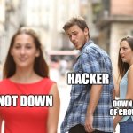 Hackers today with the CrowdStrike outages | HACKER; DOWN BECAUSE OF CROWDSTRIKE; NOT DOWN | image tagged in disloyal boyfriend | made w/ Imgflip meme maker