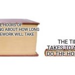 Big book small book | THE HOURS OF COMPLAINING ABOUT HOW LONG THE HOMEWORK WILL TAKE; THE TIME IT TAKES TO ACTUALLY DO THE HOMEWORK | image tagged in big book small book | made w/ Imgflip meme maker