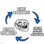 I love doing thus | START A ARGUMENT; LEAVE THE ARGUMENT BEHIND AND GO TOUCH GRASS; RETURN TO IMGFLIP | image tagged in three arrows vicious cycle,funny,funny memes,memes | made w/ Imgflip meme maker