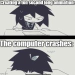 Meme | Creating a ten second long animation:; The computer crashes: | image tagged in abbie struggling with homework | made w/ Imgflip meme maker