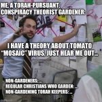 Tomato Mosaic | ME, A TORAH-PURSUANT, CONSPIRACY THEORIST GARDENER:; I HAVE A THEORY ABOUT TOMATO “MOSAIC” VIRUS, JUST HEAR ME OUT…; NON-GARDENERS: …
REGULAR CHRISTIANS WHO GARDEN: …
NON-GARDENING TORAH KEEPERS: … | image tagged in devon's whiteboard | made w/ Imgflip meme maker