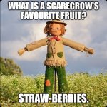 Scarecrow | WHAT IS A SCARECROW'S FAVOURITE FRUIT? STRAW-BERRIES. | image tagged in scarecrow | made w/ Imgflip meme maker