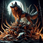 A fierce wolf standing proud on top of a pile of bones