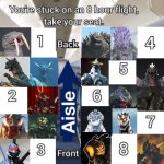 Sitting with any random Godzilla Kaiju | image tagged in choose your seat template,godzilla | made w/ Imgflip meme maker