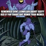 Skeletor until we meet again | REMEMBER DONT COMPLAIN ABOUT SEXYY RED IF YOU SHARE ANY HAWK TUAH MEMES; UNTIL WE MEET AGAIN | image tagged in skeletor until we meet again | made w/ Imgflip meme maker