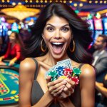 mujer ganando mucho dinero en el casino