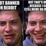 To make me feel better... | BUT THAT'S OKAY BECAUSE I CAN STILL MEME ON IMGFLIP; I GOT BANNED ON REDDIT | image tagged in peter parker sad cry happy cry,spiderman,reddit,imgflip,memes,peter parker | made w/ Imgflip meme maker