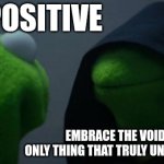Not a dark humor | STAY POSITIVE; EMBRACE THE VOID, IT'S THE ONLY THING THAT TRULY UNDERSTANDS YOU. | image tagged in memes,evil kermit | made w/ Imgflip meme maker