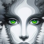 grey forest backround, large white face with green eyes