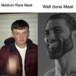 I like my Meat well done | Well done Meat; Medium Rare Meat | image tagged in average fan vs average enjoyer | made w/ Imgflip meme maker