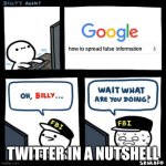 What are you doing? | how to spread false information; TWITTER IN A NUTSHELL | image tagged in what are you doing | made w/ Imgflip meme maker