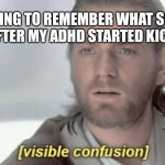 Visible Confusion | ME TRYING TO REMEMBER WHAT SOMEONE SAID AFTER MY ADHD STARTED KICKING IN | image tagged in visible confusion | made w/ Imgflip meme maker