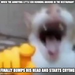Cat pointing and laughing | WHEN THE ANNOYING LITTLE KID RUNNING AROUND IN THE RESTAURANT; FINALLY BUMPS HIS HEAD AND STARTS CRYING | image tagged in cat pointing and laughing,memes,funny,goofy ahh,true,kids | made w/ Imgflip meme maker