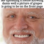 WAAAAAAAAAAA | Me uploading a meme knowing damn well a picture of grapes is going to be on the front page | image tagged in hide the pain harold,meme,imgflip | made w/ Imgflip meme maker
