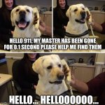 Doggo call 911 | HELLO 911, MY MASTER HAS BEEN GONE FOR 0.1 SECOND PLEASE HELP ME FIND THEM; HELLO… HELLOOOOOO… | image tagged in dog on phone 3 panel | made w/ Imgflip meme maker