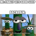 I hate when this happens | ME: FINALLY GETS GOOD SLEEP; BACK PAIN: | image tagged in allow us to introduce ourselves | made w/ Imgflip meme maker