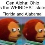 Monkey Puppet Meme | Gen Alpha: Ohio is the WEIRDEST state! Florida and Alabama: | image tagged in memes,monkey puppet | made w/ Imgflip meme maker
