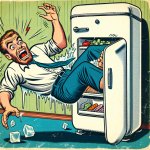 A man in a fridge upside down screaming