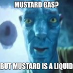 Avatar guy | MUSTARD GAS? BUT MUSTARD IS A LIQUID | image tagged in avatar guy | made w/ Imgflip meme maker