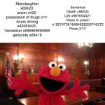 Elmo is a terrorist | Criminal charges; Sentence
Death x96024
Life x987654321
Years in prison x1827473618484628293746272
Fines X♾️; Manslaughter x69420 
arson x420 
possession of drugs x♾️ 
drunk driving x42069420 
Vandalism x696969696969 genocide x68419 | image tagged in elmo,crime,court,arson,sesame street,drunk driving | made w/ Imgflip meme maker