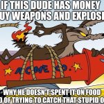 That's a good question | IF THIS DUDE HAS MONEY TO BUY WEAPONS AND EXPLOSIVES; WHY HE DOESN'T SPENT IT ON FOOD INSTEAD OF TRYING TO CATCH THAT STUPID OSTRICH | image tagged in wile e coyote,road runner,looney tunes,warner bros,cartoon logic,memes | made w/ Imgflip meme maker