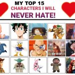 top 15 characters i will never hate ! | image tagged in top 15 characters i will never hate,peace was never an option,haters,movies,comics/cartoons,video games | made w/ Imgflip meme maker