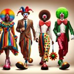 4 clowns walk towards the camera