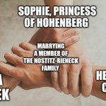 Three hands holding | SOPHIE, PRINCESS OF HOHENBERG; MARRYING A MEMBER OF THE NOSTITZ-RIENECK FAMILY; KARA CHOTEK; HENRIETTE CHOTEK | image tagged in kara chotek,henriette chotek,leopold von nostitz-rieneck,sophie princess of hohenberg,friedrich von nostitz-rieneck | made w/ Imgflip meme maker