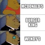 Borooogor | MCDONALD'S; BURGER KING; WENDY'S | image tagged in fancy pooh,burger | made w/ Imgflip meme maker