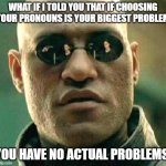 What if i told you | WHAT IF I TOLD YOU THAT IF CHOOSING YOUR PRONOUNS IS YOUR BIGGEST PROBLEM; YOU HAVE NO ACTUAL PROBLEMS. | image tagged in what if i told you | made w/ Imgflip meme maker