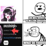 i hate her even more now | SHE WILL NEVER HIT 10 MILLION SUBSCRIBERS; WHAT DE FUUUUU!!!!! | image tagged in man spiting out cereal | made w/ Imgflip meme maker