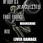 Just another DAY that ends in Y | MOONSHINE; LIVER DAMAGE | image tagged in my body is machine | made w/ Imgflip meme maker